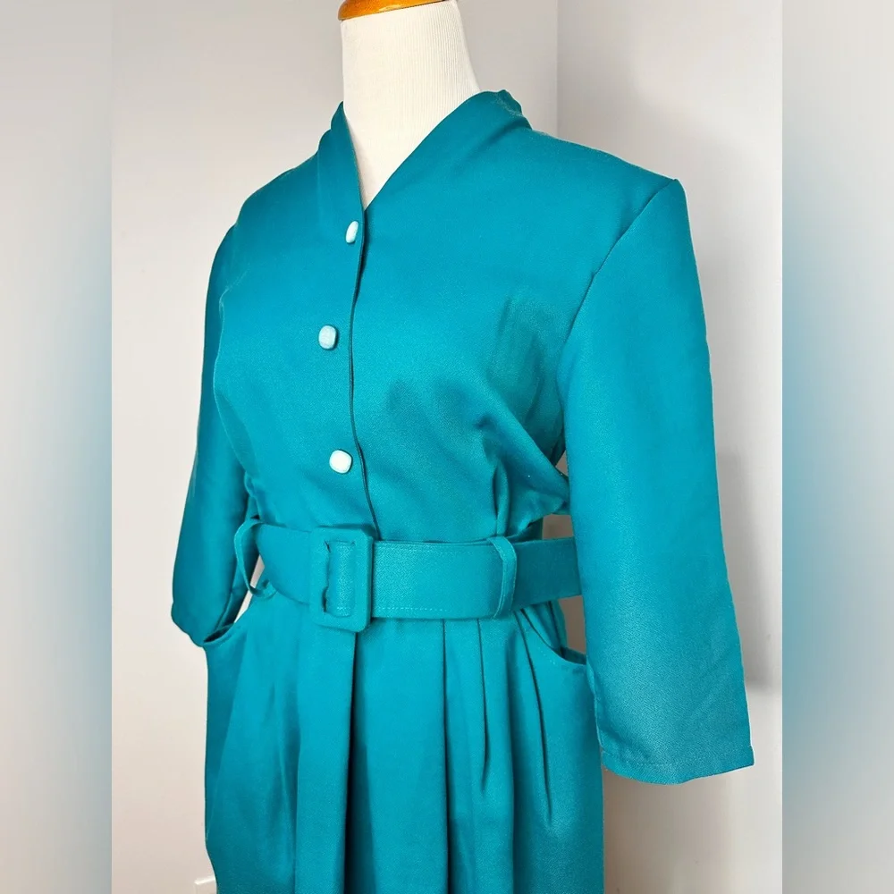 Vintage Teal Belted Midi Dress - Picture 3 of 12